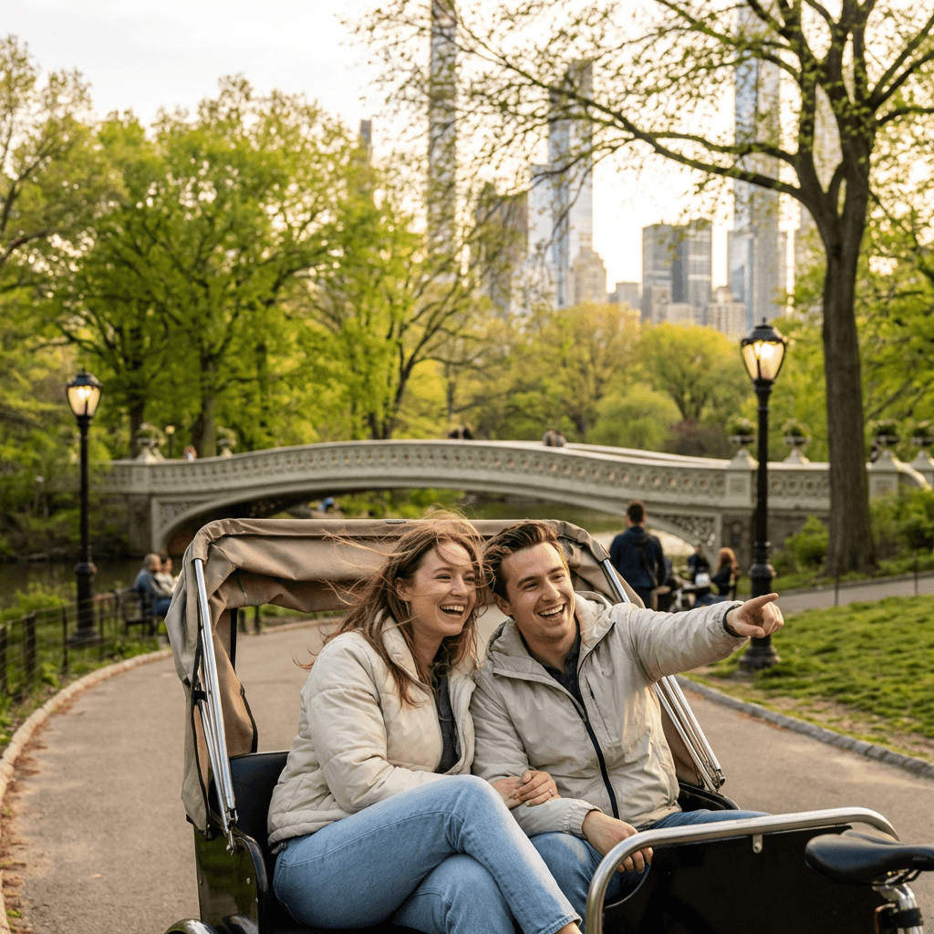 Couple enjoying a licensed Central Park pedicab ride past tree-lined paths in New York City