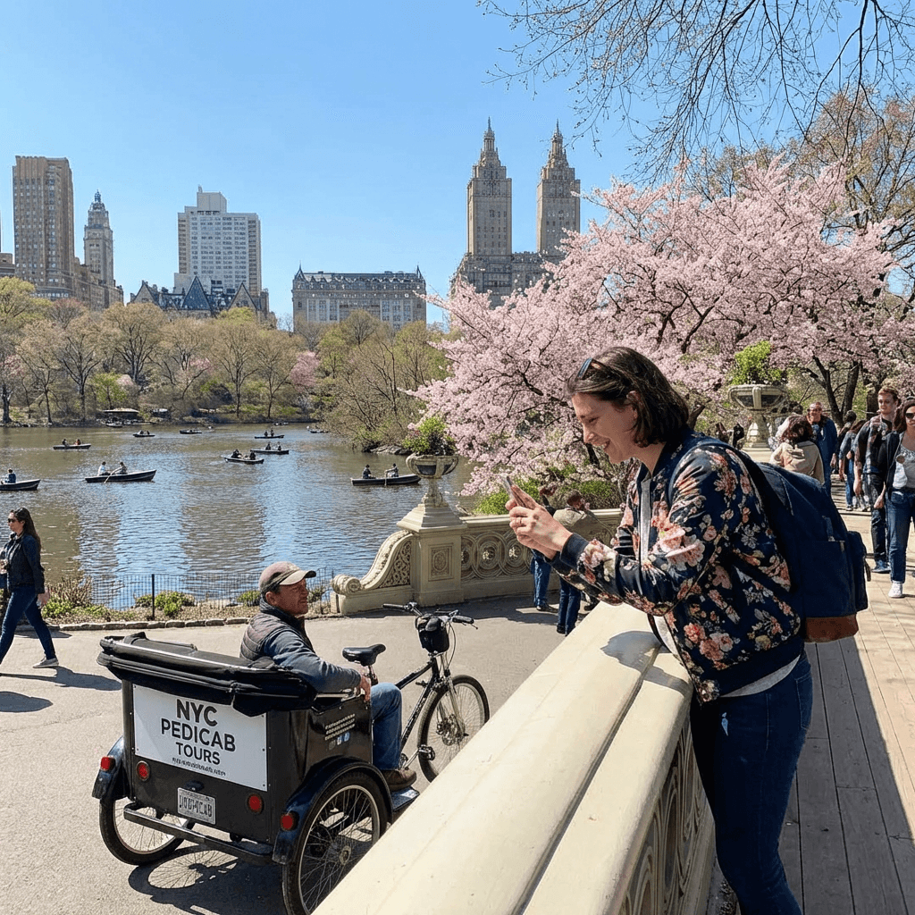 Couple posing for photos during a Grinlo Central Park proposal ride